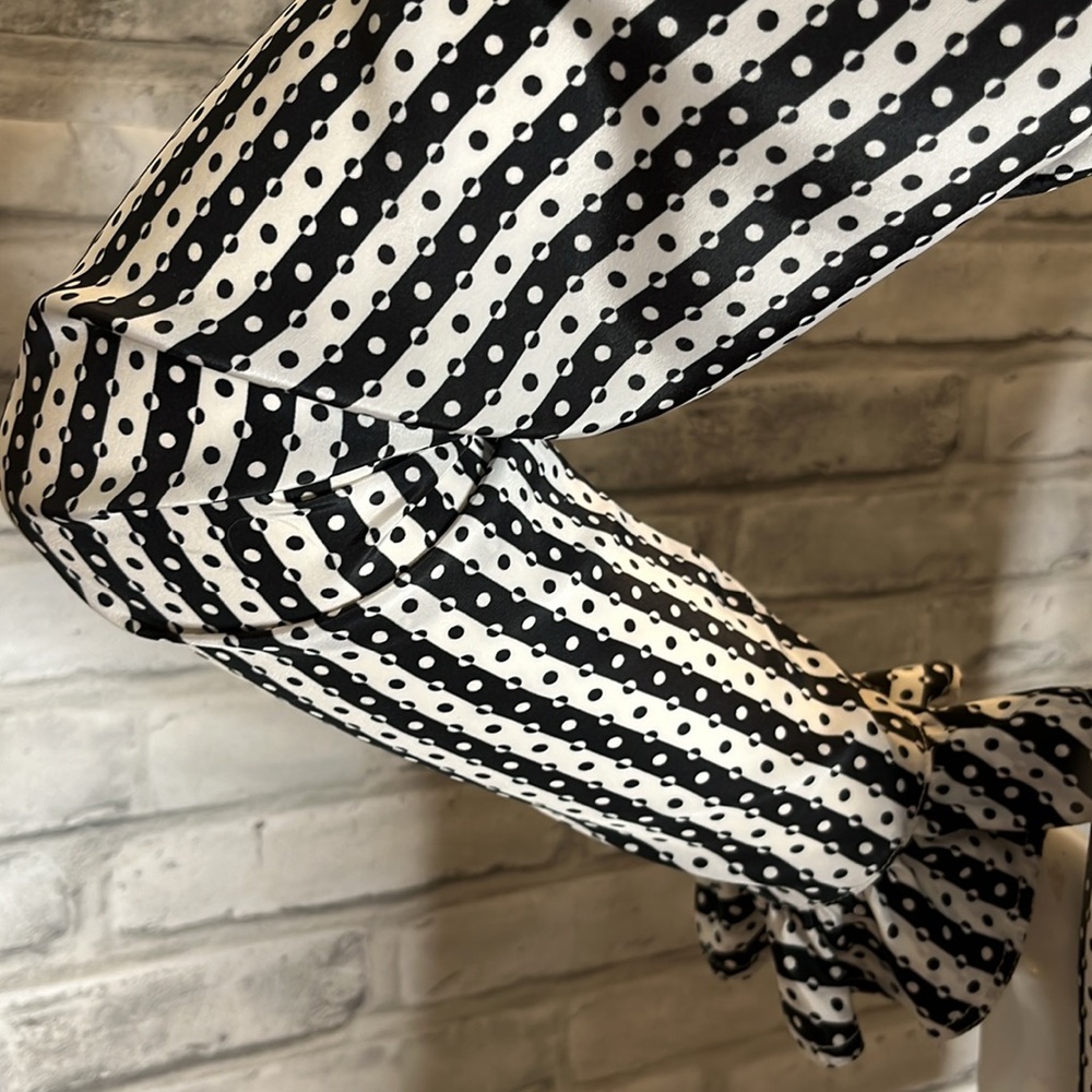 Evan Picone retro blouse black white polka dot stripe ruffle collar long sleeve - Picture 6 of 11